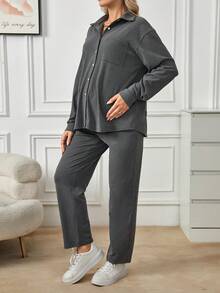 SHEIN Maternity Drop Shoulder Shirt & Adjustable Waist Pants - Dark Grey - View 3