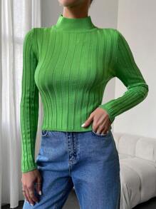 SHEIN Cottnline Mock Neck Ribbed Knit Sweater - Green - View 4