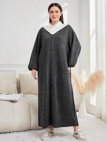 Mulvari Kích thước lớn Của phụ nữ Khối màu Cổ bẻ tay cánh Đầm - Màu xám đen - Xem 4