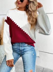SHEIN LUNE Suéter de punto con hombros caídos y bloques de color para otoño e invierno - Blanco - Ver 1