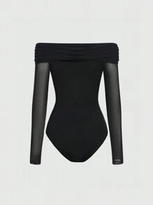 SHEIN Sweetro 一字肩網紗拼接褶邊連身背心 - 黑色 - 查看 2