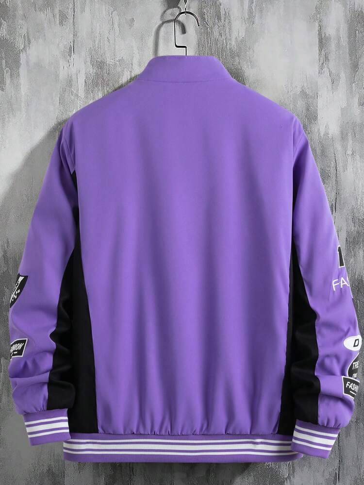 Men Embroidery Letter Pattern Striped Trim Jacket Without Tee