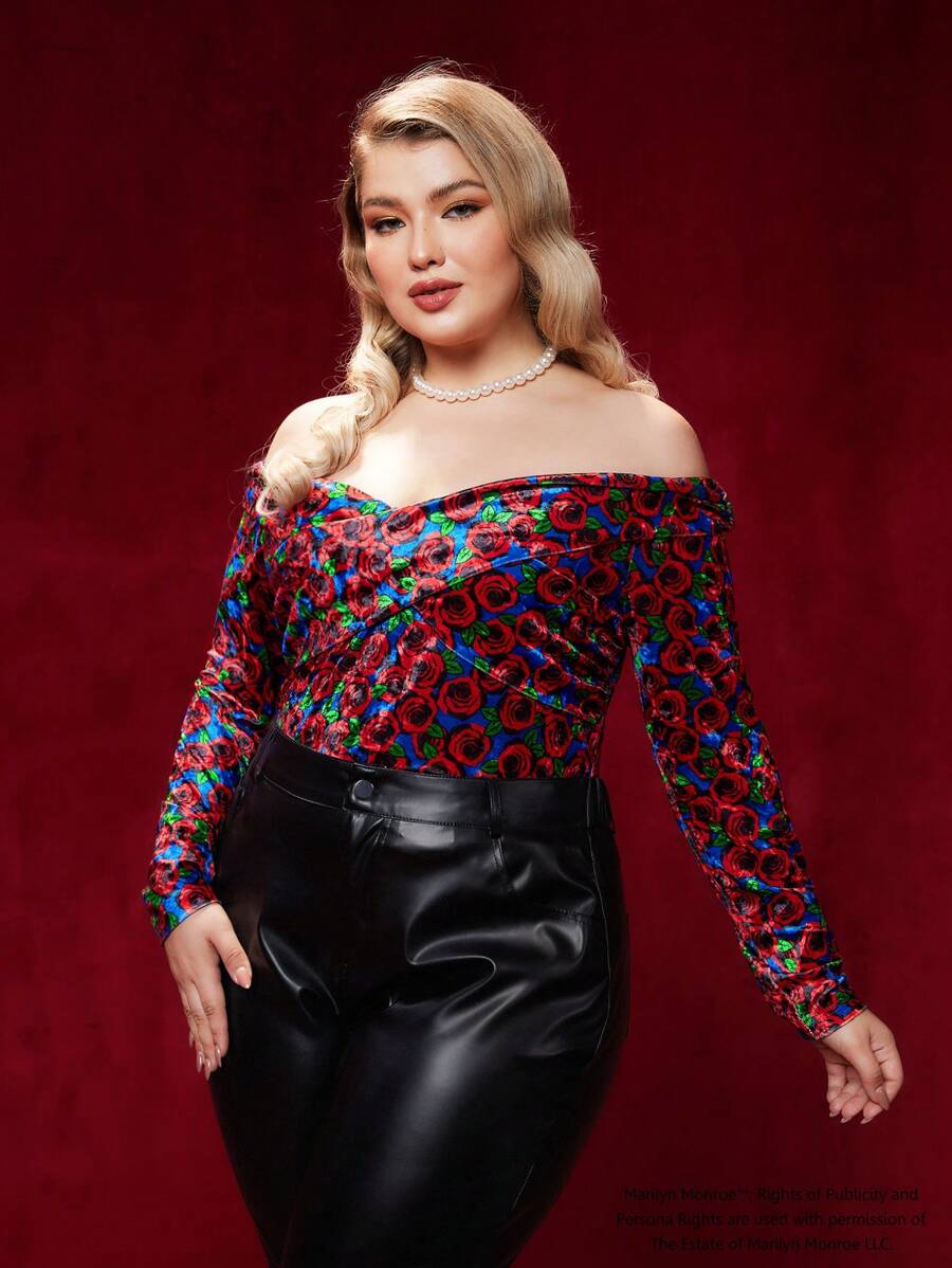 Marilyn Monroe X SHEIN Plus Off Shoulder Cross Wrap Front Floral Print Velvet Tee - Burgundy - View 1