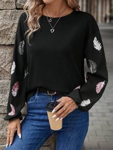 SHEIN LUNE 羽毛印花落肩袖上衣 - 黑色 - 查看 3