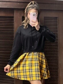 SHEIN EZwear 下垂肩對比格子襬邊2合1連帽裙