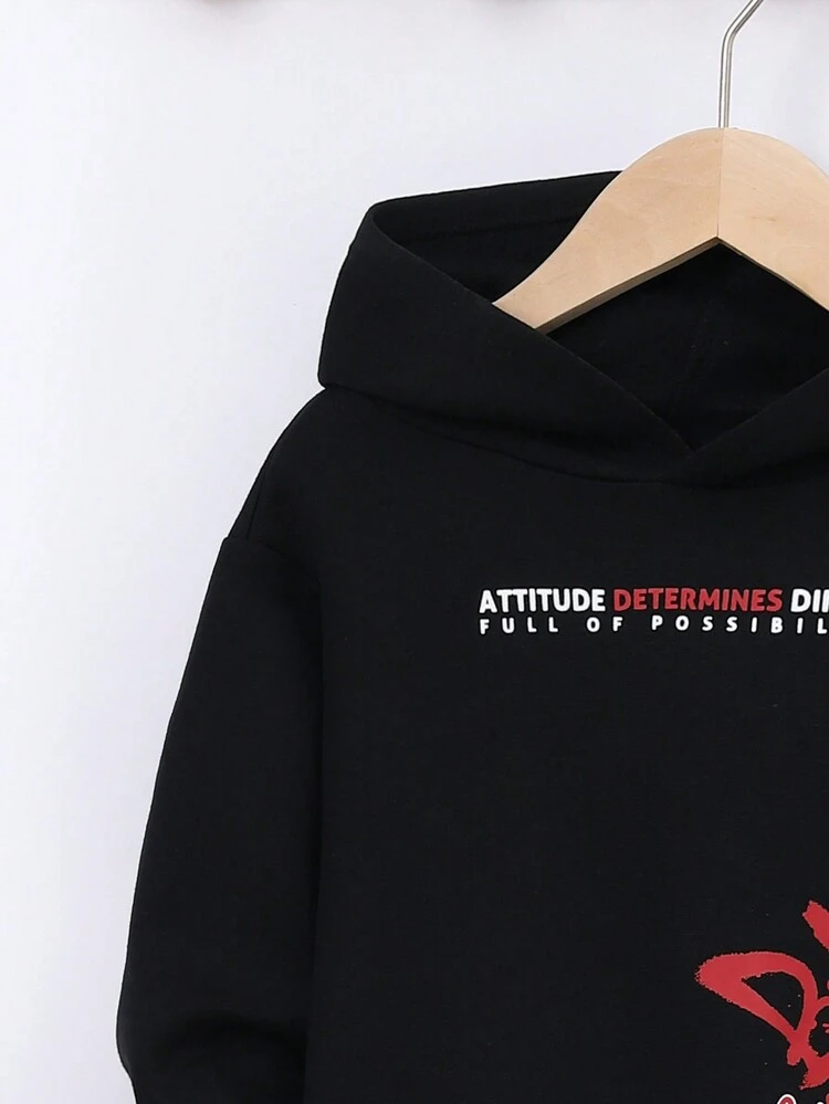 2pcs Young Boys Cute Cartoon Line Drawing Pattern Hooded Sweatshirt And Knit Thickened Pants Set, Thermal Lined