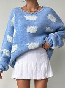 EURMUSE Jersey con patrón de dibujos animados de hombros caídos - Azul - Ver 1