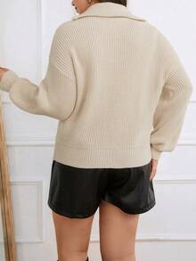 SHEIN Essnce Plus Zipper Front Drop Shoulder Sweater - Apricot - View 2