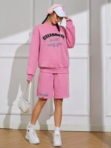 SHEIN EZwear 字母圖案落肩袖運動衫和短褲 - 粉色 - 查看 4