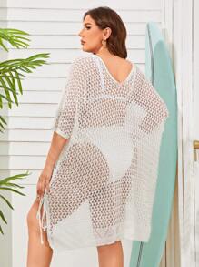 SHEIN Swim Curve 夏季大码镂空蝙蝠袖高低下摆罩衫连衣裙（不含比基尼套装） - 白色 - 查看 2