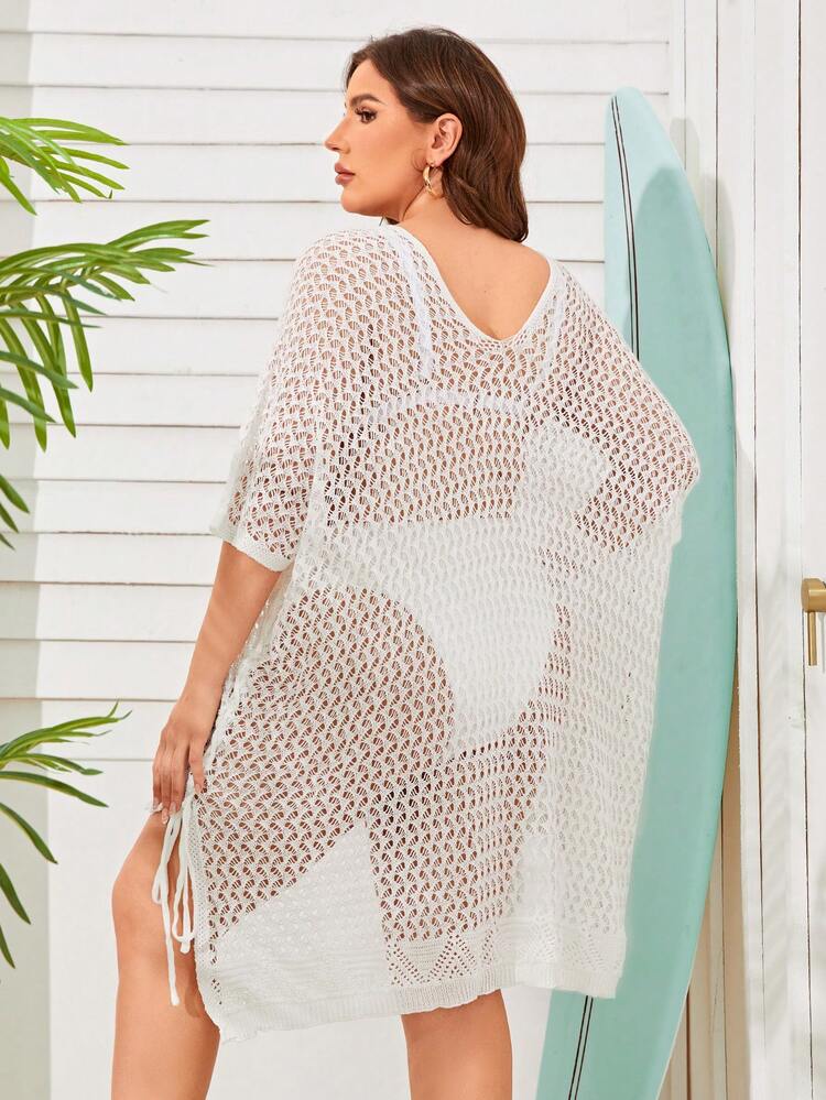 Summer Plus Size Hollow Out Dolman Sleeve High Low Hem Cover Up Dress Without Bikini Set