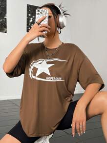 SHEIN Unity Star & Letter Graphic Drop Shoulder Tee - Brown - View 1