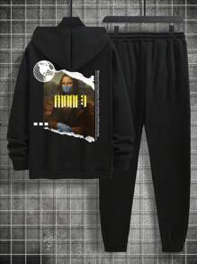 Manfinity Hypemode 男士標語圖案抽繩連帽衫和運動褲 - 黑色 - 查看 1