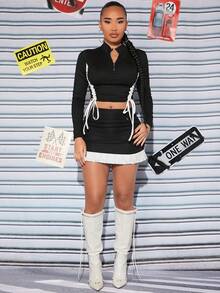 SHEIN SXY 半拉鏈側抽繩短款T恤 - 黑色 - 查看 3