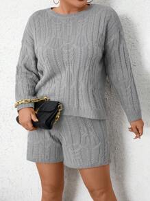 Calvaya Plus Cable Knit Drop Shoulder Sweater & Knit Shorts Fall Cloth For Women - Grey - View 1