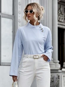 SHEIN Essnce Blue And White Pinstriped Stand Collar Pullover Shirt - Blue and White - View 3