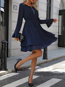 SHEIN LUNE Bell Sleeve Button Detail Dress Fall Cloth For Women - Blue - View 6