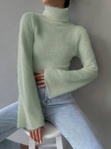 SHEIN Unity Turtleneck Fluffy Knit Crop Sweater Knit Pullover Fall Winter Outfit - Green - View 4