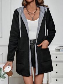 SHEIN LUNE Của phụ nữ Dây rút áo có mũ Áo khoác - màu đen - Xem 2