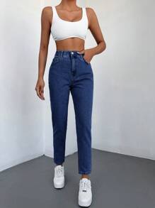 RueChic Thẳng Cao eo Denim Quần jean - Màu xanh hải quân - Xem 5