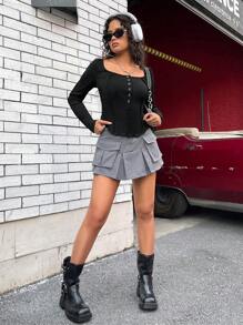 SHEIN EZwear Scoop Cổ Nút Nửa Mặt trước Áo thun - màu đen - Xem 3