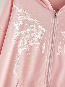 SHEIN EZwear 大码蝴蝶印花拉链落肩卫衣 - 粉色 - 查看 4