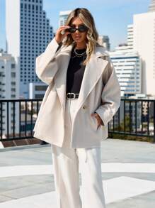 RueChic Women'S Lapel Collar Plaid Raglan Sleeve Woolen Coat - Beige - View 5