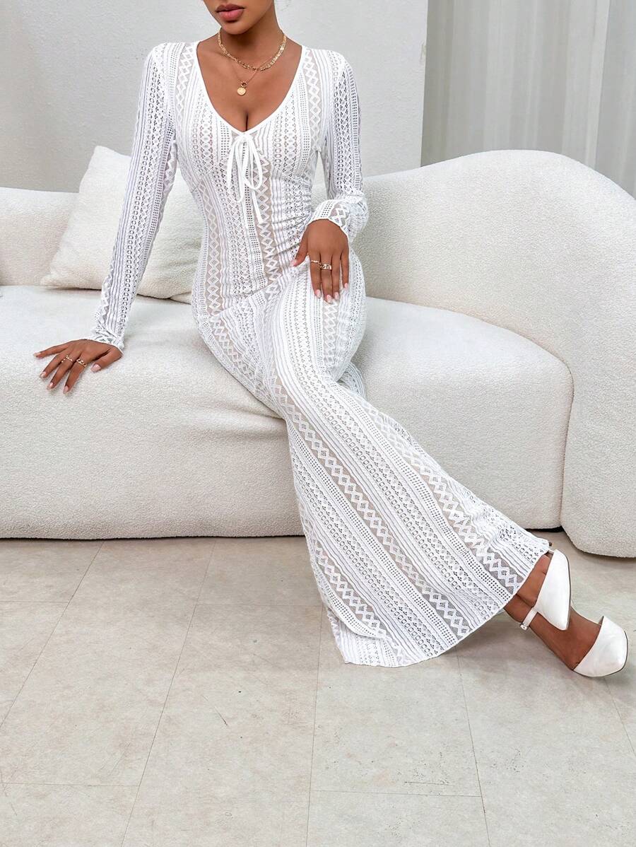 SHEIN Privé Tie Front Mermaid Hem Dress - White - View 1