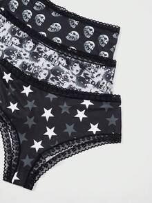 ROMWE Goth Plus 3pcs Skull Print Contrast Lace Panty Set - Multicolor - View 4