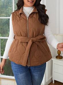 SHEIN Frenchy 大碼拉鏈開襟腰帶洋蔥型絎縫外套馬甲 - 咖啡棕 - 查看 5