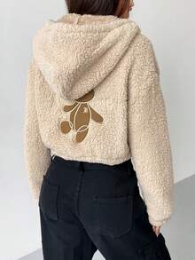 SHEIN EZwear Cartoon Embroidery Drop Shoulder Hoodie - Apricot - View 3