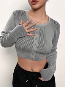 SHEIN EZwear Đồ đan Ribbed Nút phía trước Cắt sửa áo lông cừu - Xám - Xem 1
