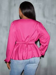 Celure 大碼燈籠袖不對稱下擺襯衫 - 玫紅色 - 查看 2