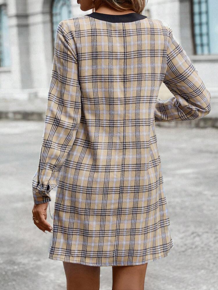 Plaid Print Half Button Tunic Dress