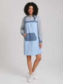 Jingwen 撞色袋鼠口袋半紐扣開襟假兩件洋裝 - 彩色 - 查看 5