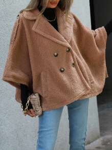 SHEIN LUNE 蝙蝠袖雙排釦絨毛外套 - 駝色 - 查看 4