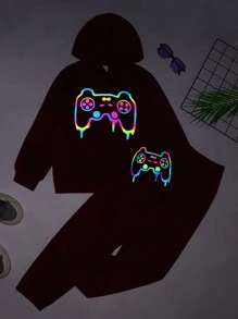 SHEIN Tween Boy Reflective Cartoon Graphic Hoodie & Sweatpants - Burgundy - View 1