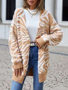 SHEIN LUNE Áo khoác cardigan trễ vai họa tiết sọc ngựa vằn - Lạc đà - Xem 4