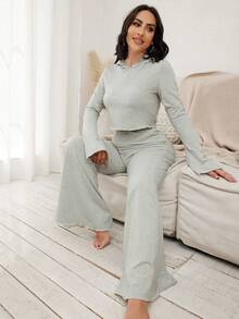 SHEIN SXY Solid Hooded Tee & Flare Leg Pants - Grey - View 3
