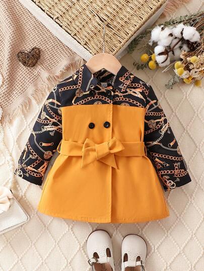 SHEIN Baby Girl Chain Print Double Breasted Belted Trench Coat