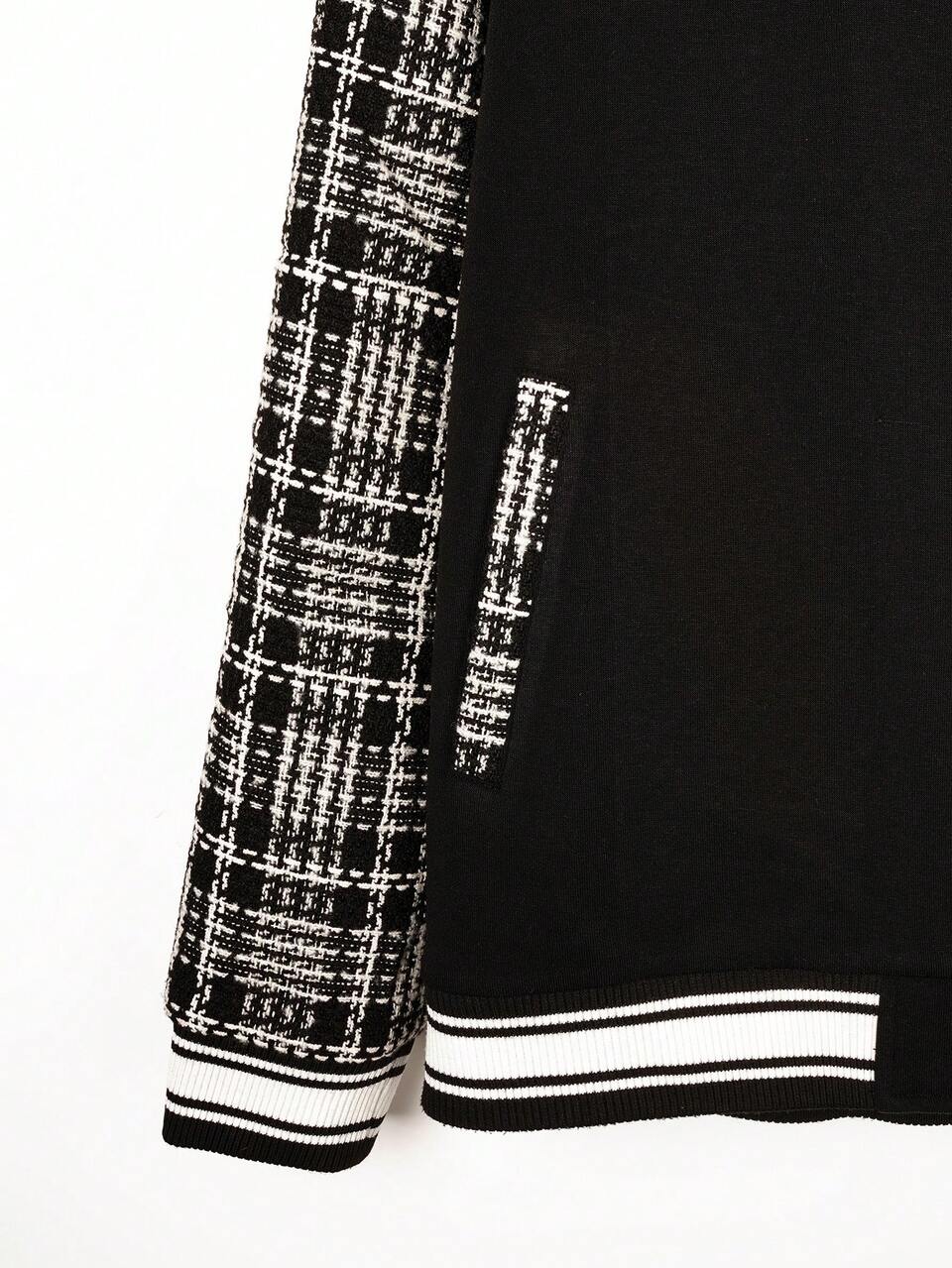 Men's Oversized Varsity Jacket With Plaid & Letter Graphic, Striped Trim And Drop Shoulder Design