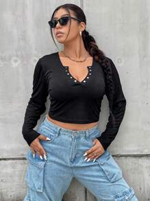 SHEIN MOOSTA Talla grande Camiseta crop de cuello notch - Negro - Ver 6