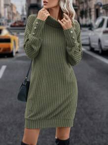 SHEIN LUNE Cowl Neck Drop Shoulder Ribbed Knit Dress - Army Green - View 6