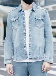 Claim Dot Men Flap Pocket Denim Shirt - Baby Blue - View 1