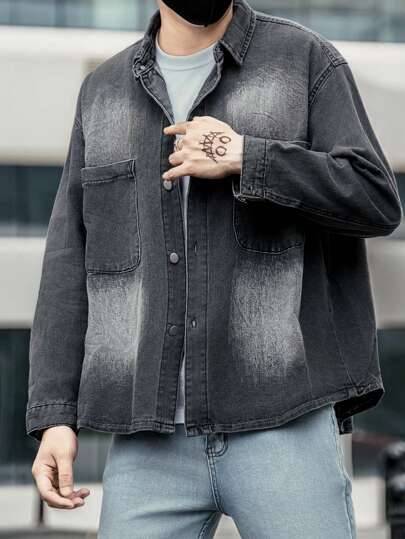 Manfinity Roghcode Men's Oversized Denim Shirt With Dual Pockets And Button Front