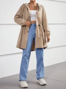 SHEIN Essnce Hai âm Eo dây rút Thả vai Áo trùm đầu - Màu Khaki - Xem 3