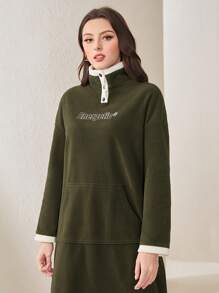 Mulvari Women's Drop Shoulder Letter Embroidery Dress - Army Green - View 6