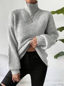 Chiquease Áo len cổ lọ tay rớt vai dệt kim mùa thu đông - Xám - Xem 6