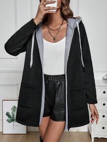 SHEIN LUNE Của phụ nữ Dây rút áo có mũ Áo khoác - màu đen - Xem 5