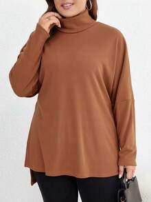 SHEIN LUNE Của phụ nữ Kích thước lớn Cổ cao Màu thuần Áo thun - Màu nâu  Mocha - Xem 3